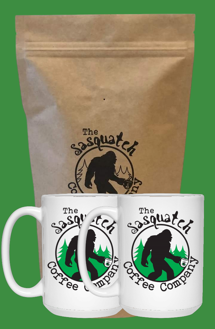 Sasquatch Coffee Starter Pack with two large mugs and a bag of premium coffee