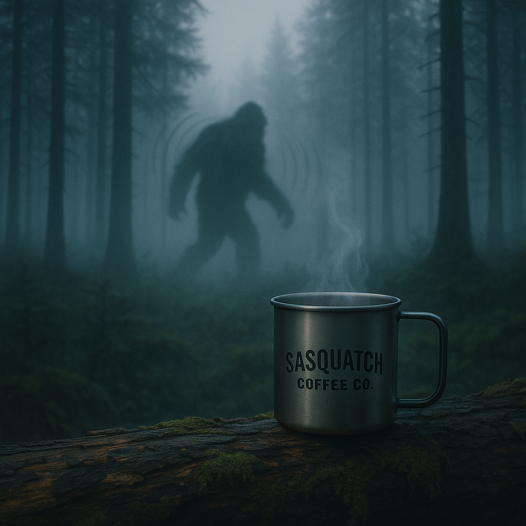 ChatGPT Image May 13, 2025, 09_48_18 AM Bigfoot silhouette in the forest with a coffee cup in the foreground