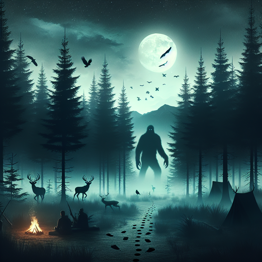 Bigfoot in the woods under moonlight