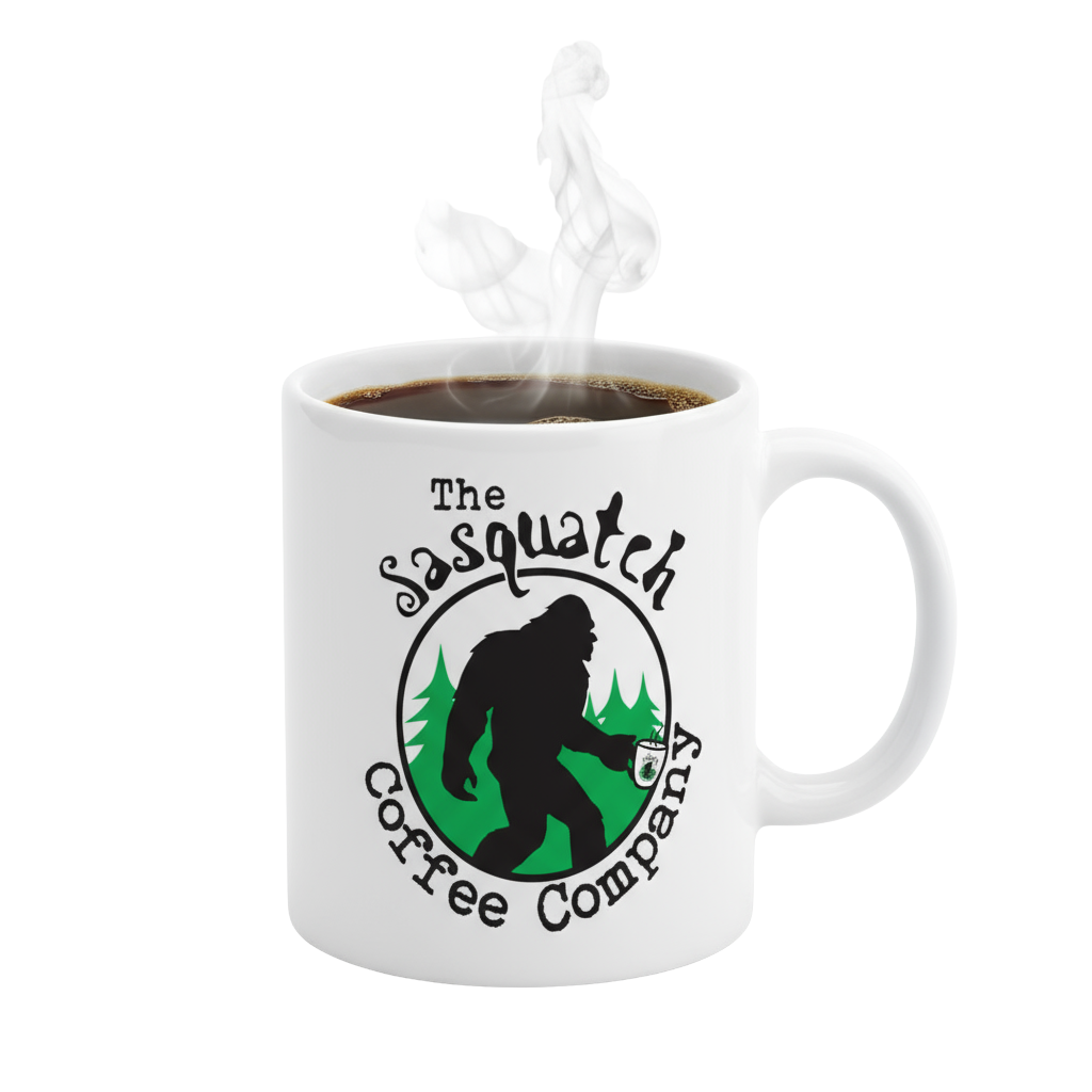 A steaming mug of Sasquatch Coffee on a mossy log, inspiring creative recipes.