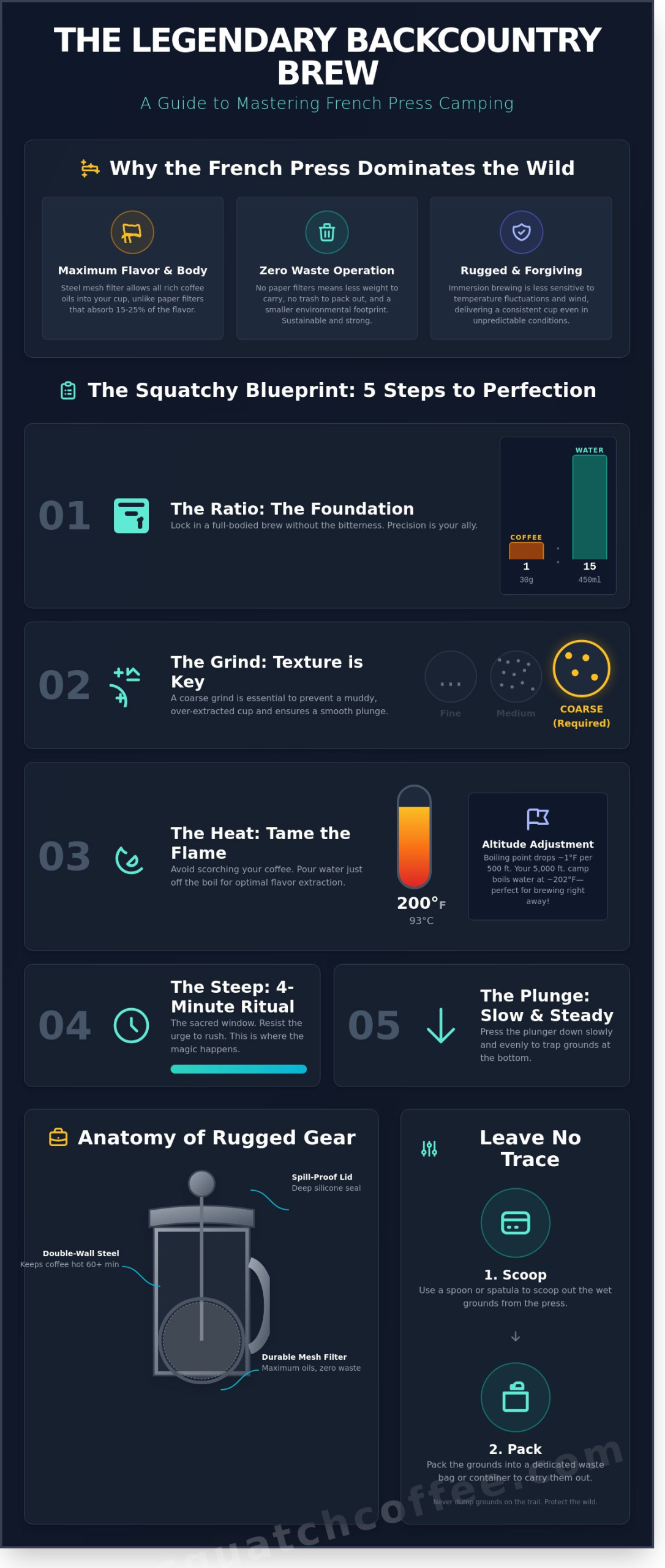 French Press Camping: The Ultimate Guide to Brewing Legendary Coffee in the Wild - Infographic