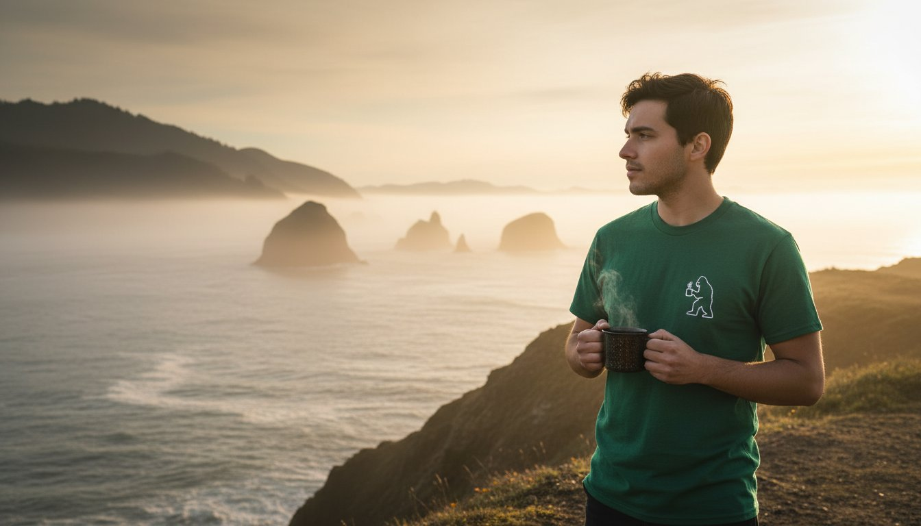 A  man looking out over the ocean enjoying a cup of Irish Coffee.
